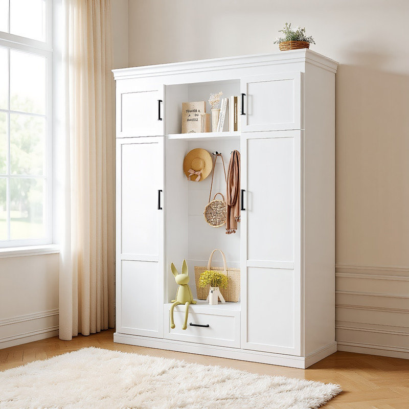 Modern Large Hall Tree with Bench & Storage – Layered Top, Adjustable Shelves, Hidden Drawer, White