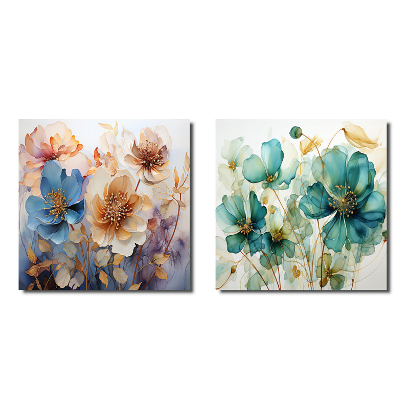 Coral Petal Symphony - ensemble de 2 collages carrés botaniques abstraits, Toile tendue, H 36 po x l 73 po