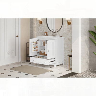 Meuble-lavabo en bois massif avec séparateur de tablette de lavabo en céramique