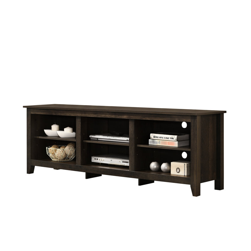 Meuble télé 70 - 79 po, brun foncé, panneau de particules, tablettes ouvertes, gestion des câbles, pieds réglables multiples pour plus de stabilité, 6 découpes, hauteur des pieds 2,75 po, épaisseur du plateau de table 0,59 po, l 21 po x P 10,5 po