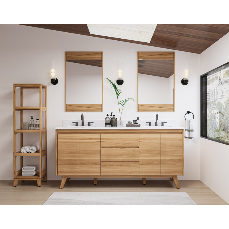 Coventry 73" Natural Teak Double Sink Vanity with White Stone Top