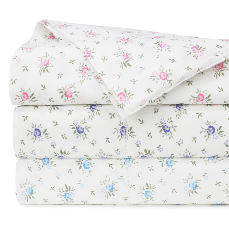 Beford Lane Percale Floral Sheet Set, Blue, Queen