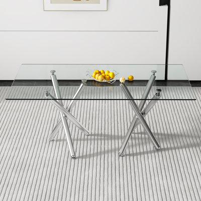 Table de salle à manger rectangulaire en verre trempé de 180 cm (71 po), table de cuisine moderne pour 6 à 8 personnes, pieds en métal chromé argenté à double fourche, transparent et argenté