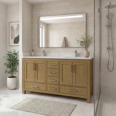 60" Pre-assembly Double Sink Bathroom Vanity with Soft-Close Drawers & Doors, Engineered Stone Top