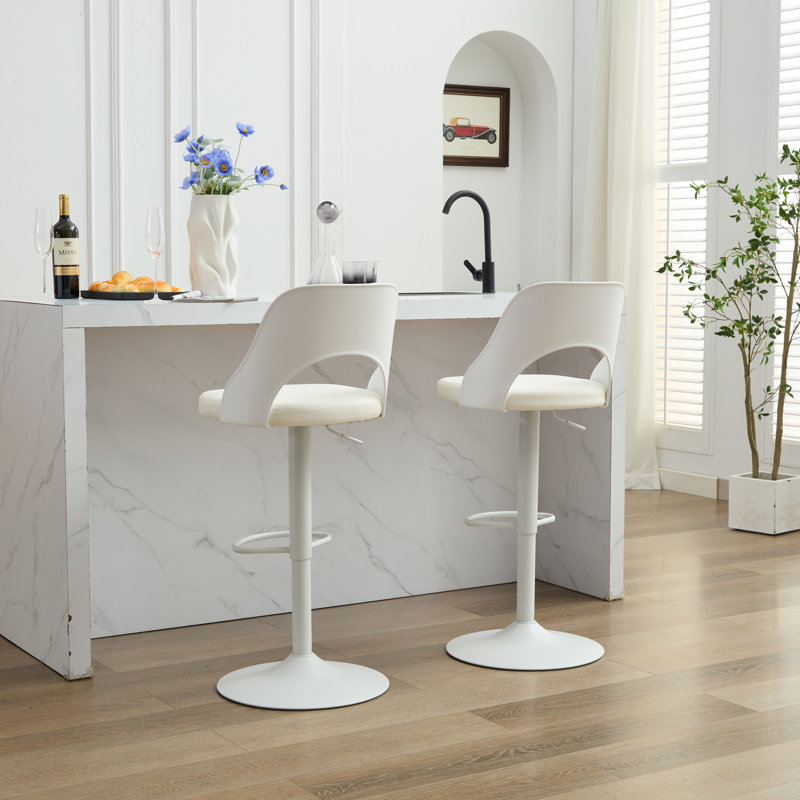 High Padded Swivel Adjustable Barstools(Set of 2), White/Silver