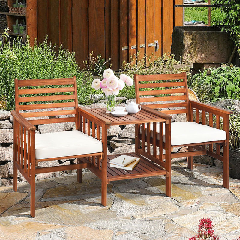 3 Pieces Wooden Table Chairs Set With Cushions Acacia Wood Loveseat With Table