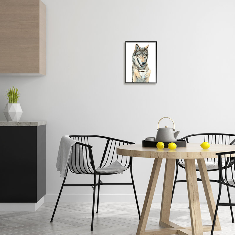 «Laughing Wolf with Coffee» par Holly Siment - cadre flottant, impression sur bois, Giclée encadrée noir minuit