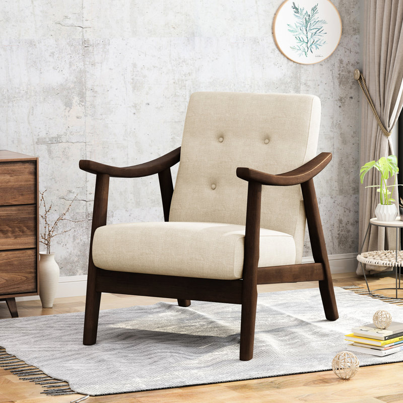 Chaise de style Mid-Century moderne avec revêtement beige et structure d'appoint brun
