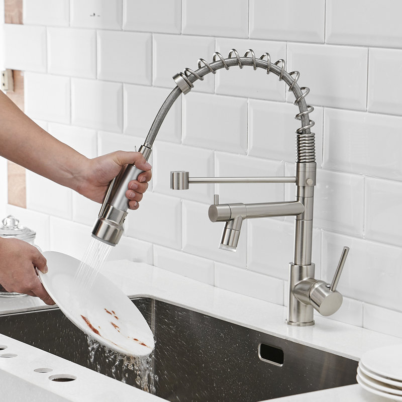 Elegant Led Pull Down Kitchen Faucet In Brushed Nickel, Single Handle, 360 Degree Rotatable Spout, Stream & Spray Options Fashionable Sink , Lever, Rotation, Dual Settings Modes