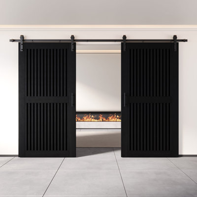 Homacer Black Double 40in x 80in Unassembled & Finished Vertical Stripe Design Barn Doors with Non-Bypass Installation Hardware Kit, 14ft track, interior use only