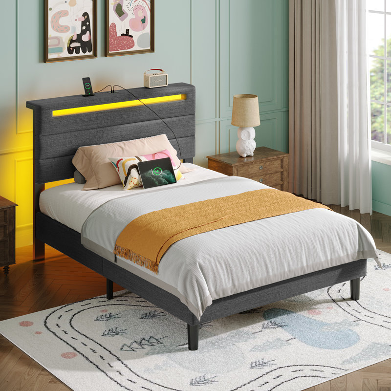 Platform Bed with Upholstered Headboard ,Bed Frame with LED lights and Charging Station, Gray, Twin