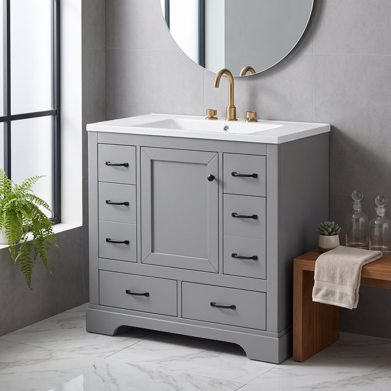 Meuble-lavabo autoportant en MDF de 91 cm (36 po) en bois massif, lavabo simple, étagère réglable, séparateur de tiroir multifonctionnel et accessoires de quincaillerie complets