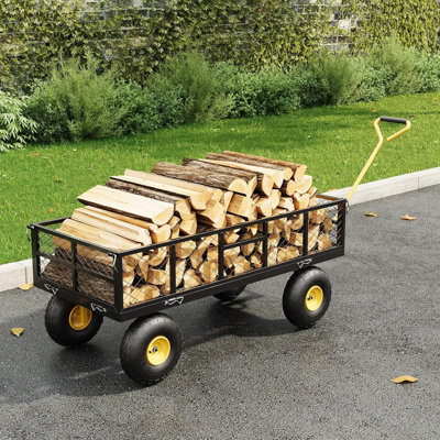Chariot de jardin avec parois latérales amovibles, chariot à benne en acier robuste de 900 lb avec poignée pivotante à 180 ° et pneus de 10 pouces, brouette utilitaire de jardin pour la cour arrière