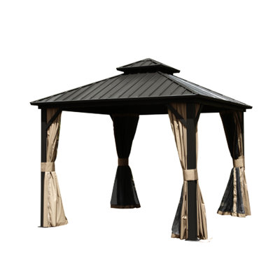 8X8 Ft Gazebo, Aluminum, Galvanized Steel, Brown - Transform Your Patio Into A Comfortable 8' X Gazebo With Steel Double Roof Canopy, Netting, For Backyard