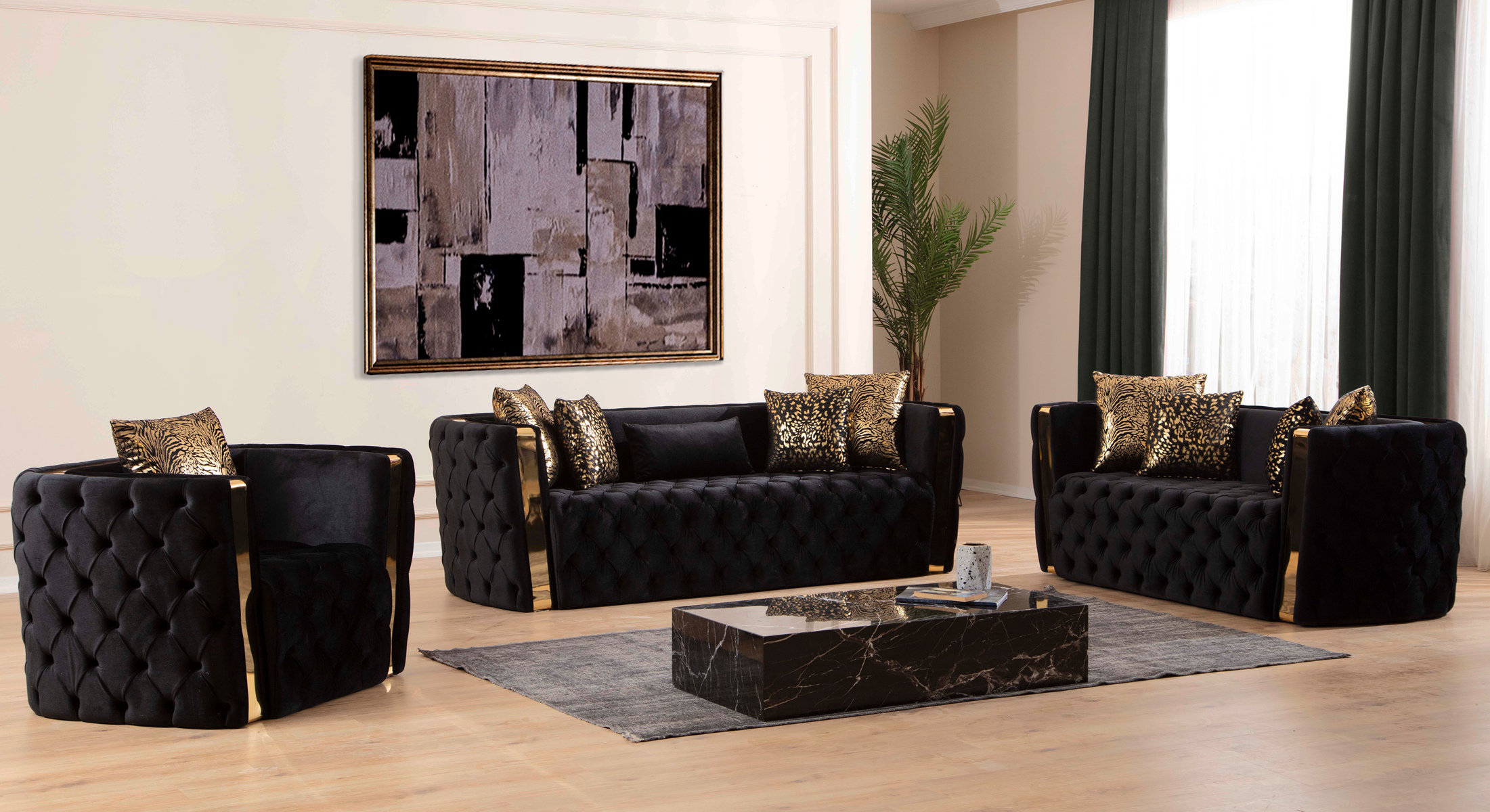 Everly Quinn Naomi Button Tufted 3 Pc Sofa Set With Velvet Fabric And ...