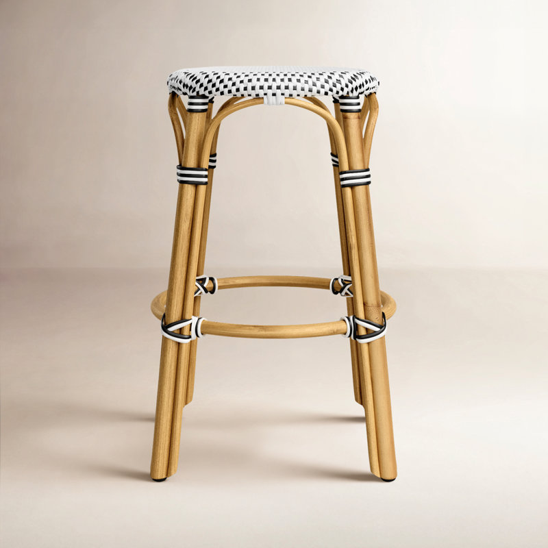 Alastair 24" Rattan Counter Stool - White/Black Dot/ Natural Rattan Frame, Counter Stool (24" Seat Height)