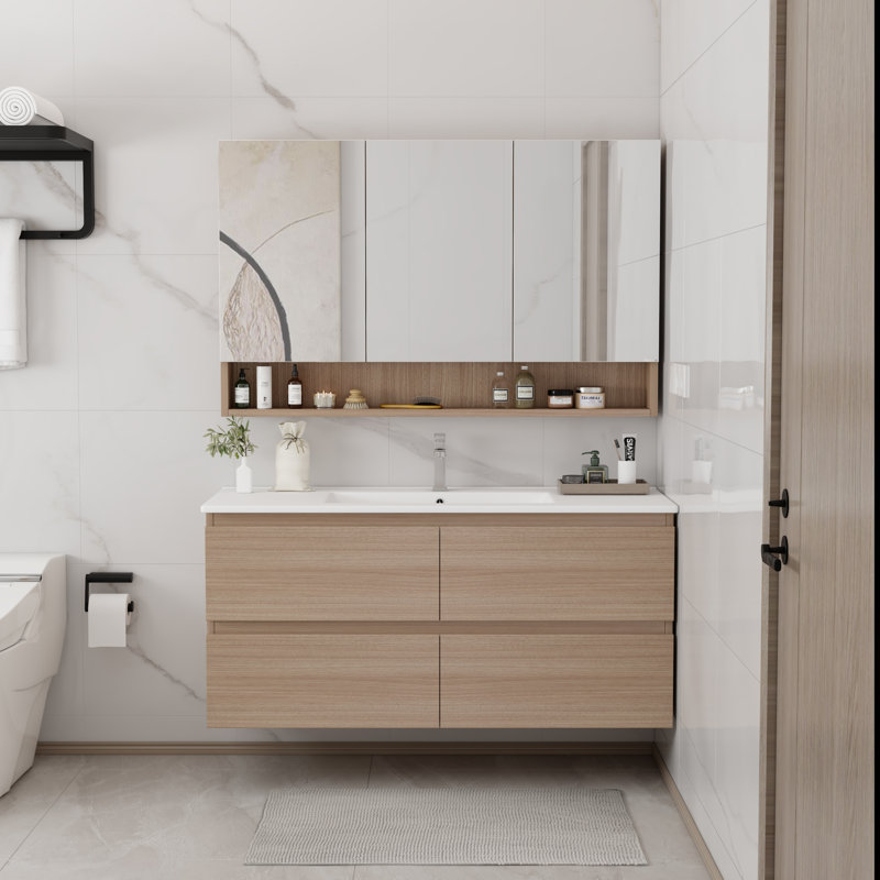 Mahkel 48" W x 18" D x 22" H Single Bathroom Vaity with Ceramic Top Wall Mounted Vanity with Sink