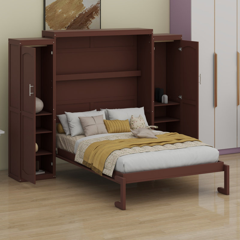 Lit plateforme pliable en bois avec garde-robe et tablette de rangement, Noyer, Grand lit