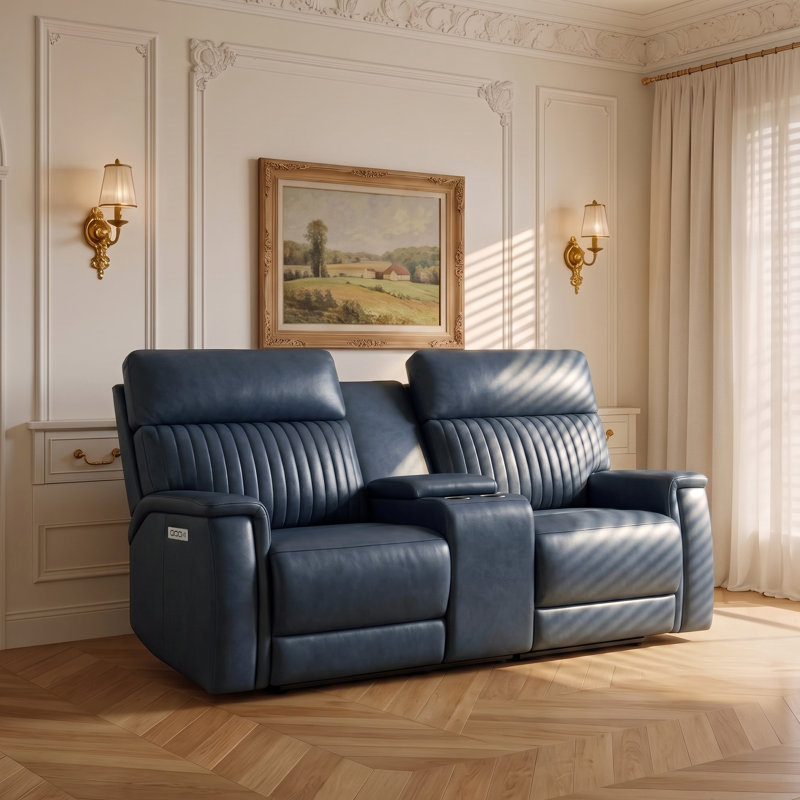 Canapé inclinable en cuir Liudgardas, Bleu / bleu cuir véritable