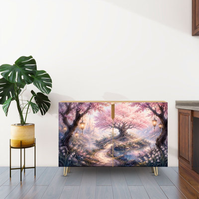 Sideboard Buffet Cabinet with Storage Cherry Blossom Garden Landscape Stone Bridge Fairy Lanterns Magical with 2 Doors for Living Room and Kitchen