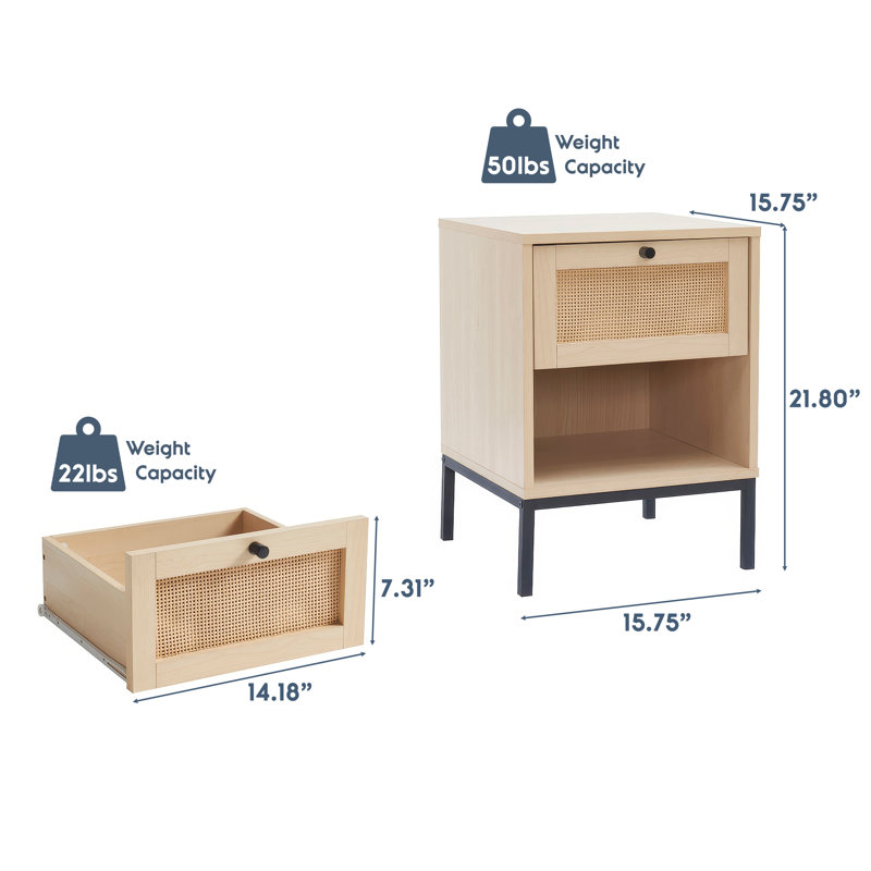 Nestl Wooden Rattan Nightstand End Table with Drawer, Natural, 1