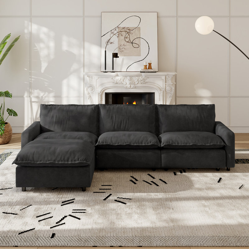 Canapé 4 pièces rembourré en tissu de lin avec repose-pieds, Gris clair