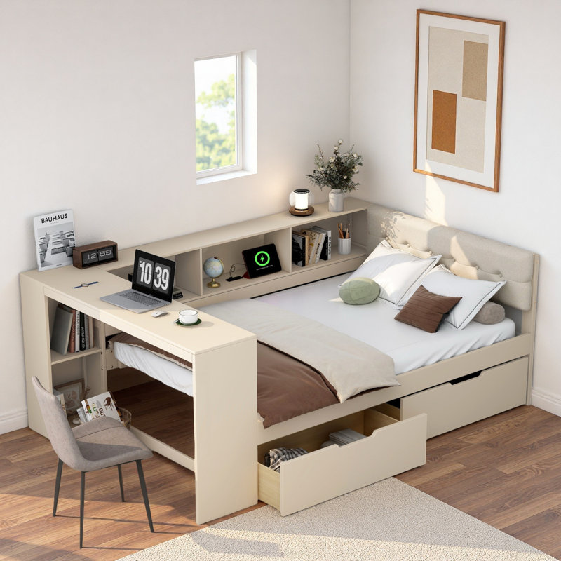 Lit plateforme avec tablettes de rangement, tiroirs, station de charge, bureau et tête de lit tapissier, Double, Crème, crème