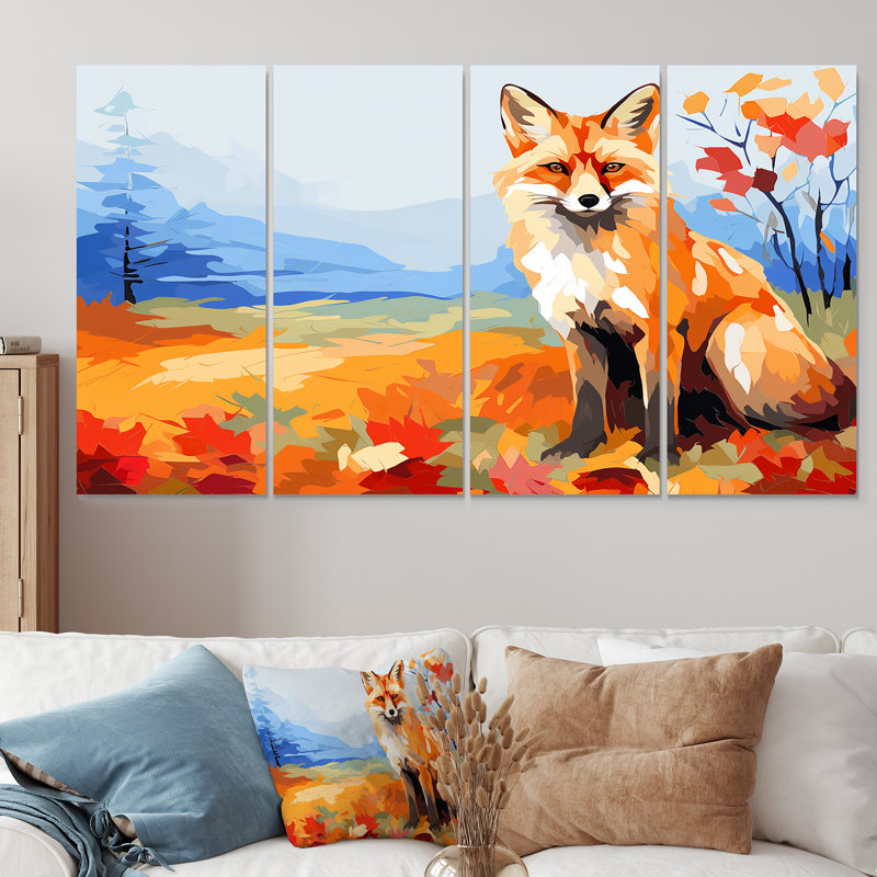 Orange Foxes Leaf Adventure III - ensemble de 4 décorations murales renard, H 32 po x l 64 po