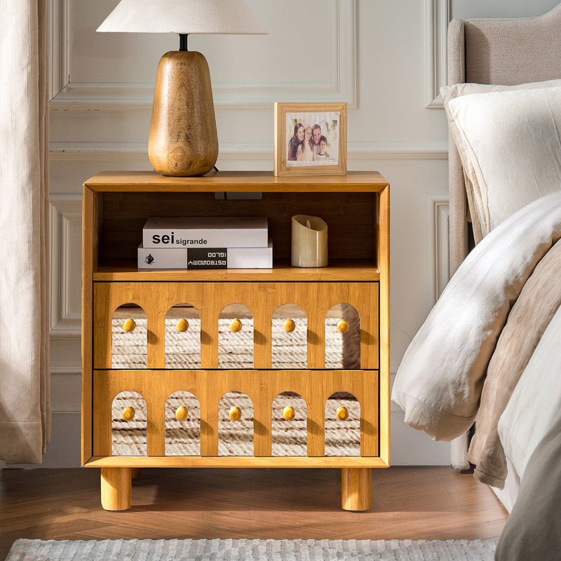 Bedside Table With Two Drawers And Charging Station, Natural