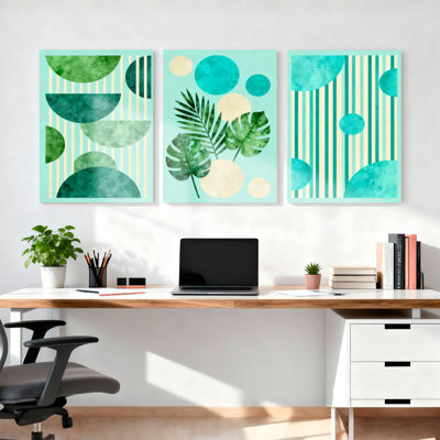 Tropical Leaves and Geometric Shapes Canvas Wrapped Wall Art, Abstract Modern Print (Set of 3)