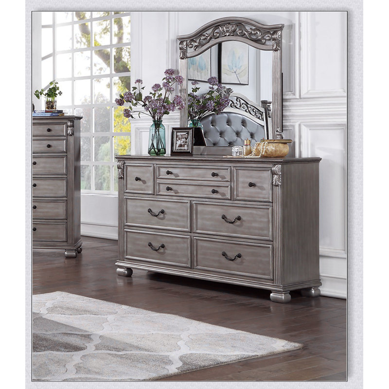 Ensemble de commode et miroir en bois argent antique avec un design élégant et un grand rangement pour les chambres traditionnelles