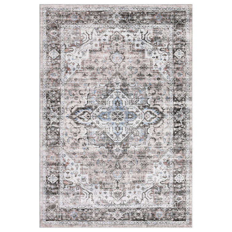 Oriental Machine Washable Rug with Rubber Backing for Living Room Floral Non-Slip Area Rug Easy-Cleaning Vintage Floor Carpet for Bedroom Dining Room Office Playroom Nursery