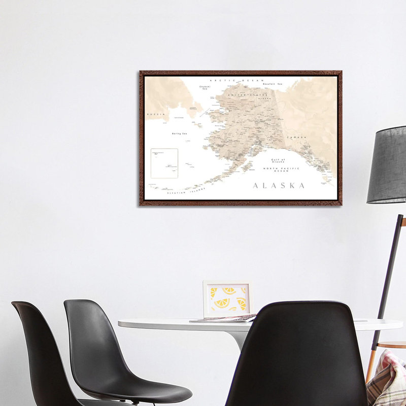 Neutral Watercolor Detailed Map Of Alaska by Blursbyai - Gallery-Wrapped Canvas Giclée on Canvas, Classic Wood Framed