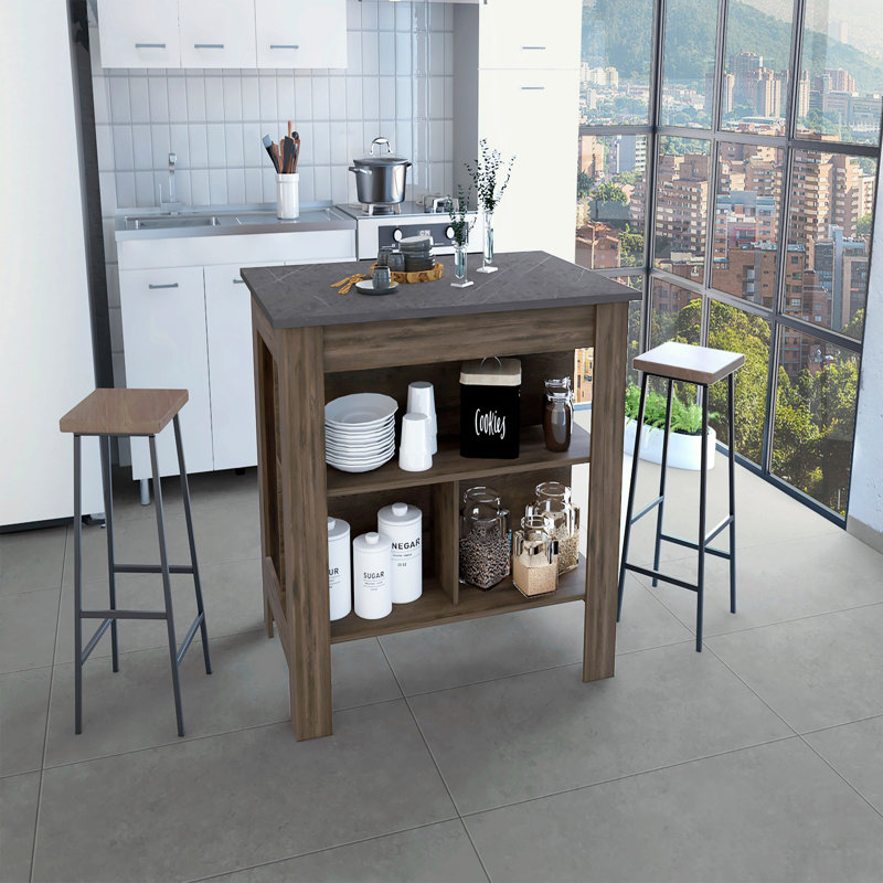 Kitchen Island, Kitchen Table 35" H, Four Legs, Three Open Storage Shelves, Brown Oak/Black