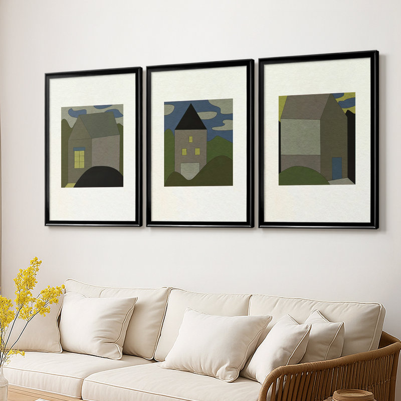Mountain Houses I  -Custom Framed  Wrapped Gallery Canvas - 3 Pieces, Black, 30" H x 63" W