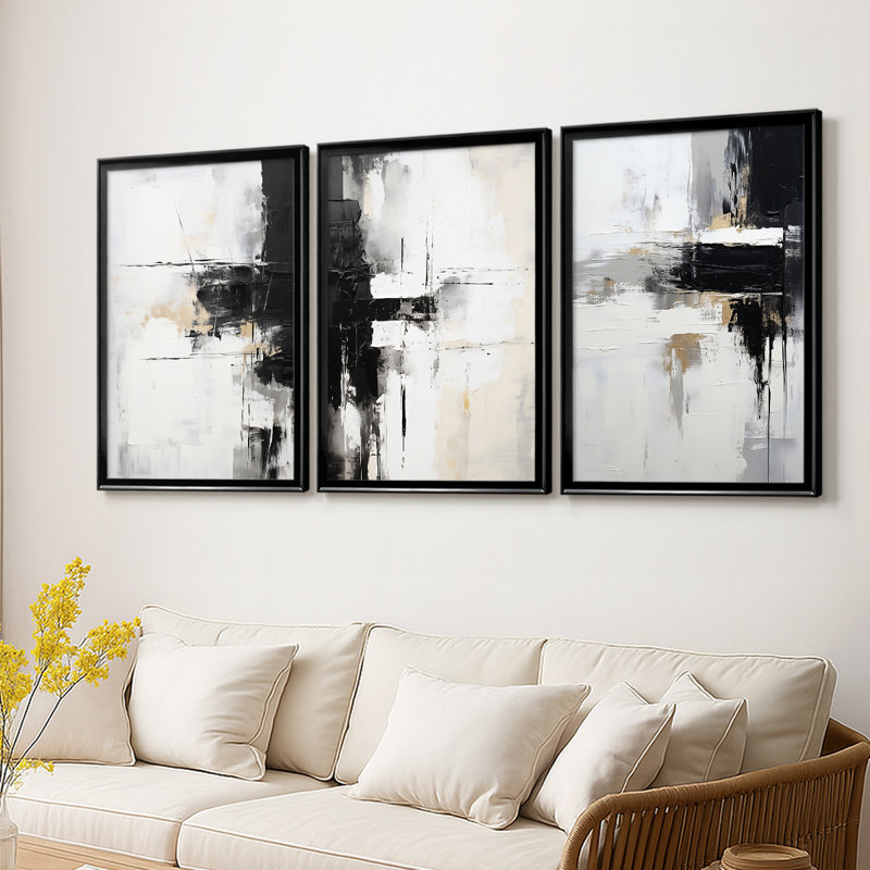 ABSTRACT Series dxvi - Toile tendue avec châssis encadré - 3 pièces, H 21 po x l 30 po, Noir