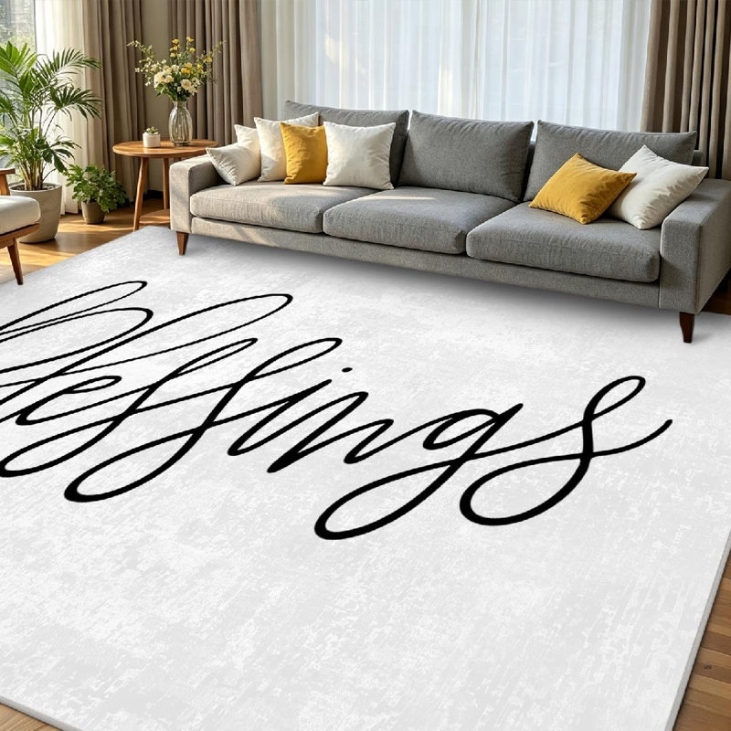 Tapis blanc à motif de lettres isolées à la main, Rectangle 79 po x 118 po