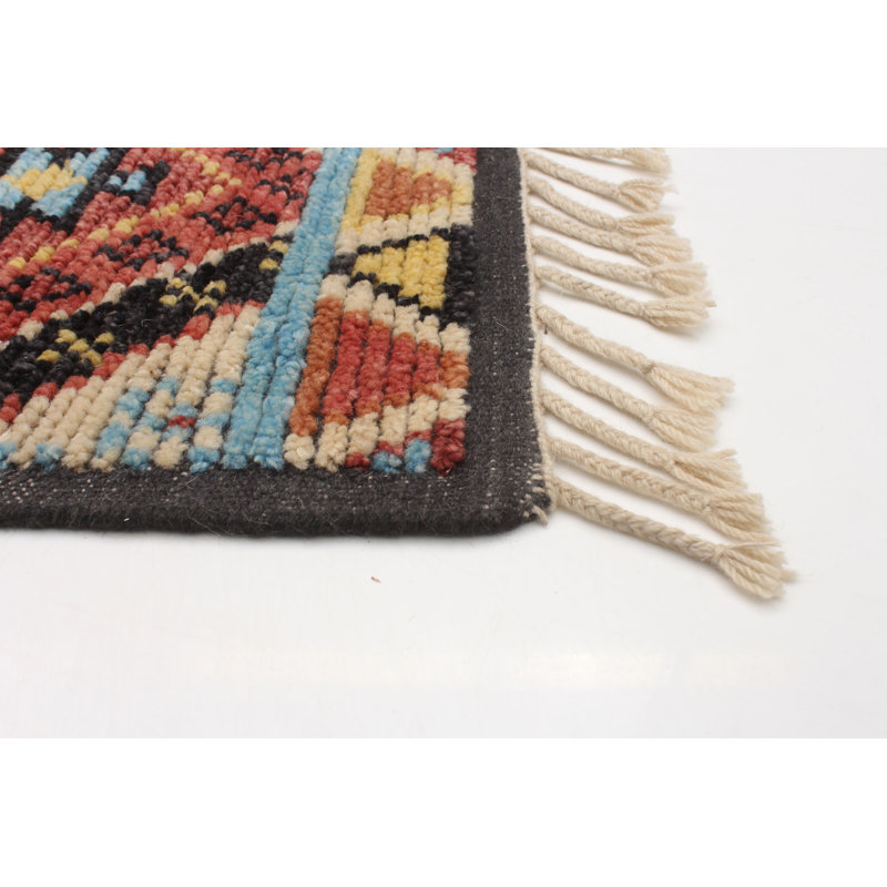 Tapis noir / orange / bleu en laine noué à la main 5 pi 7 po x 8 pi 2 po Aloria Moroccan