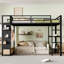 Grand cadre de lit mezzanine avec garde-robe, lit mezzanine en métal avec tablettes de rangement et panneau perforé, noir-327829127