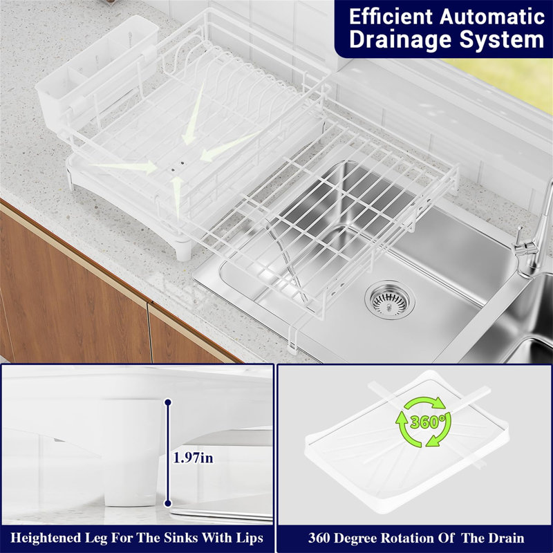 Grande grille à vaisselle extensible avec porte-couverts, Blanc