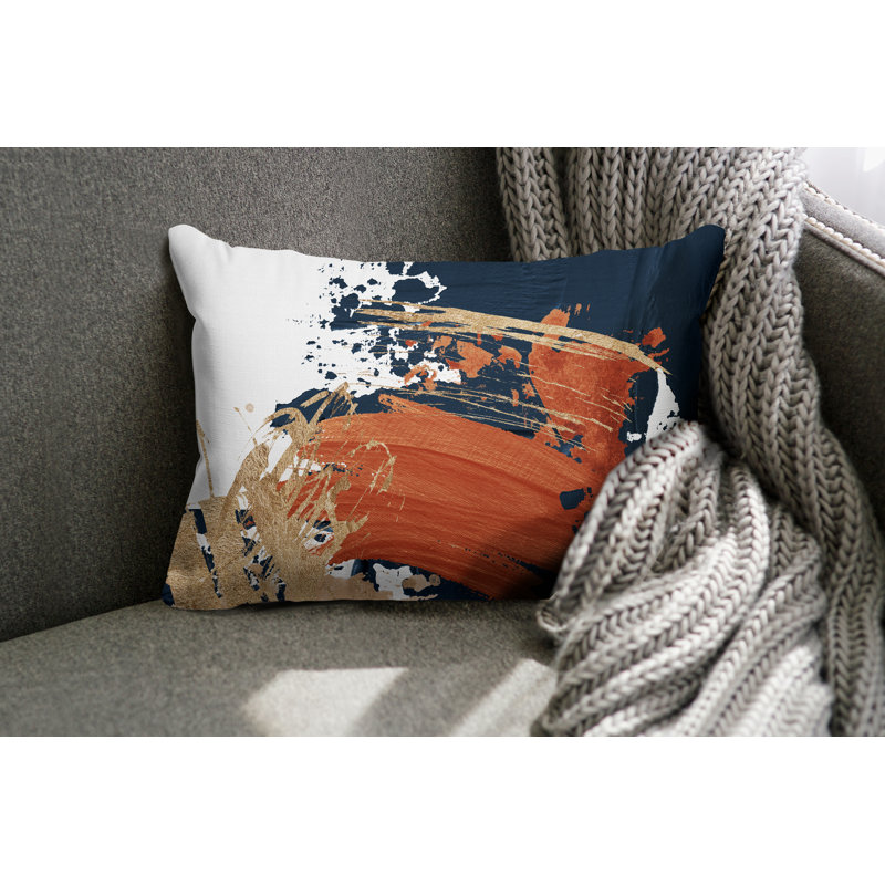 Coussin lombaire abstrait intérieur / extérieur, Orange brûlé / or / blanc