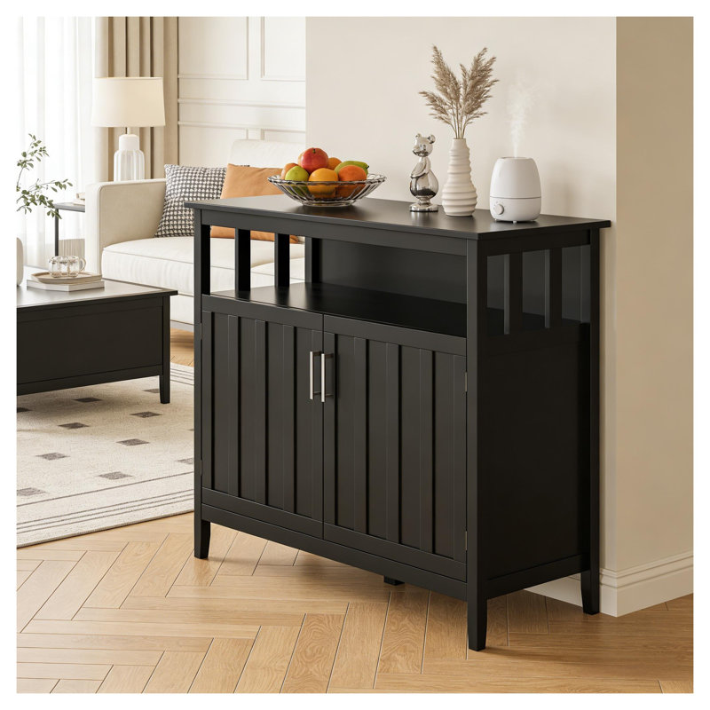 Armoire de rangement en MDF noir avec tablette ouverte et deux portes