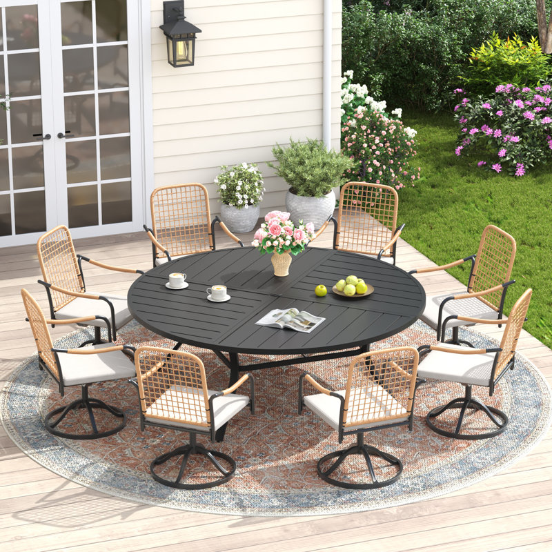 8-Person 60" Patio Dining Set With Cushioned Swivel Woven Rattan Chairs, Black