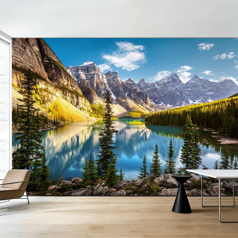 Papier peint adhésif pelez et collez paysage coucher de soleil vue Morain lac montagne art mural auto-adhésif et amovible