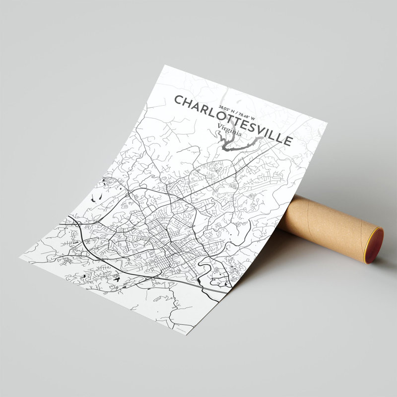 Charlottesville, carte de la ville, impression graphique, H 17 po x l 11 po x P 0,05 po, Noir / blanc