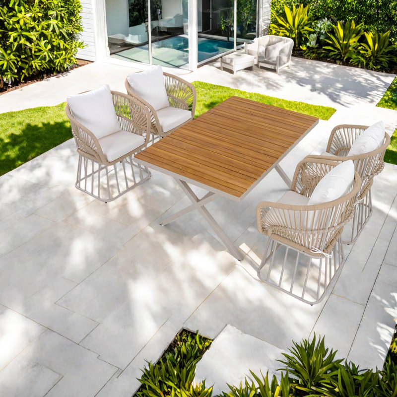 Patio Dining Sets, Teak Wood And Steel Modern 5 Piece Set For Garden