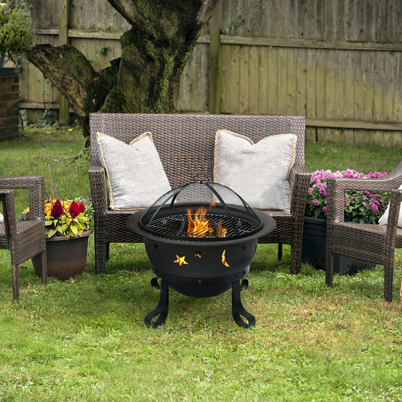 Joy by Endless Summer, 29" Round Oil Rubbed Bronze Wood Burning Outdoor Fire Pit with Stars and Moons