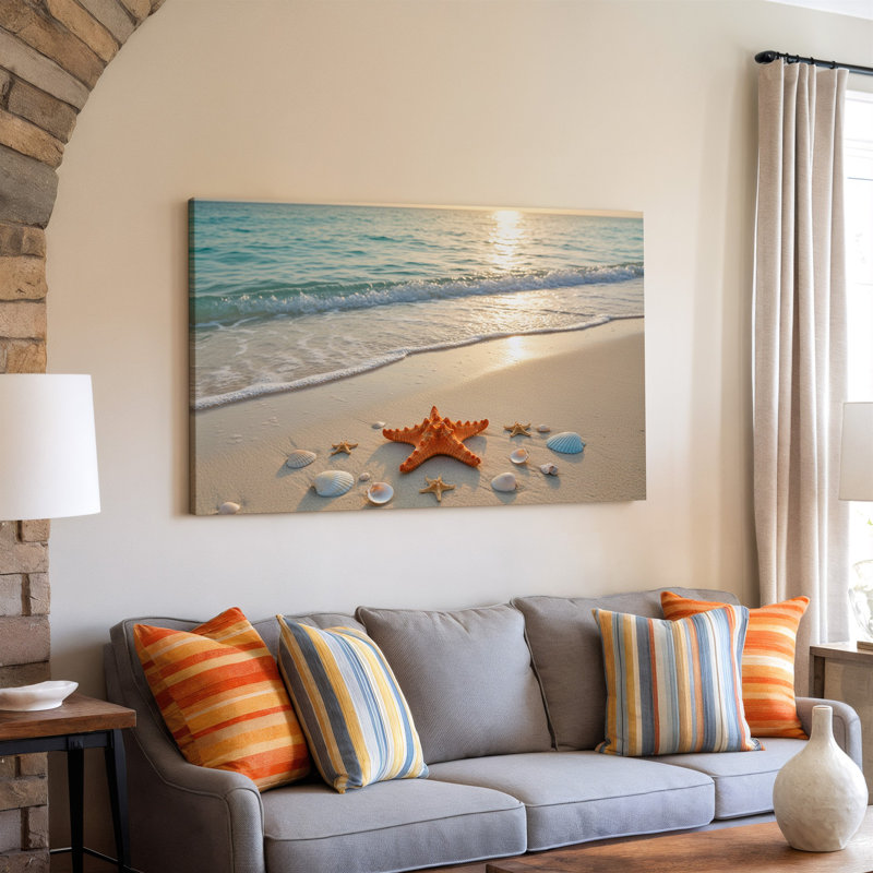 Toile, "Tranquil Beach Scene Captured A High Angle", art mural Un rivage sablonneux doucement embrassé par des vagues turquoise