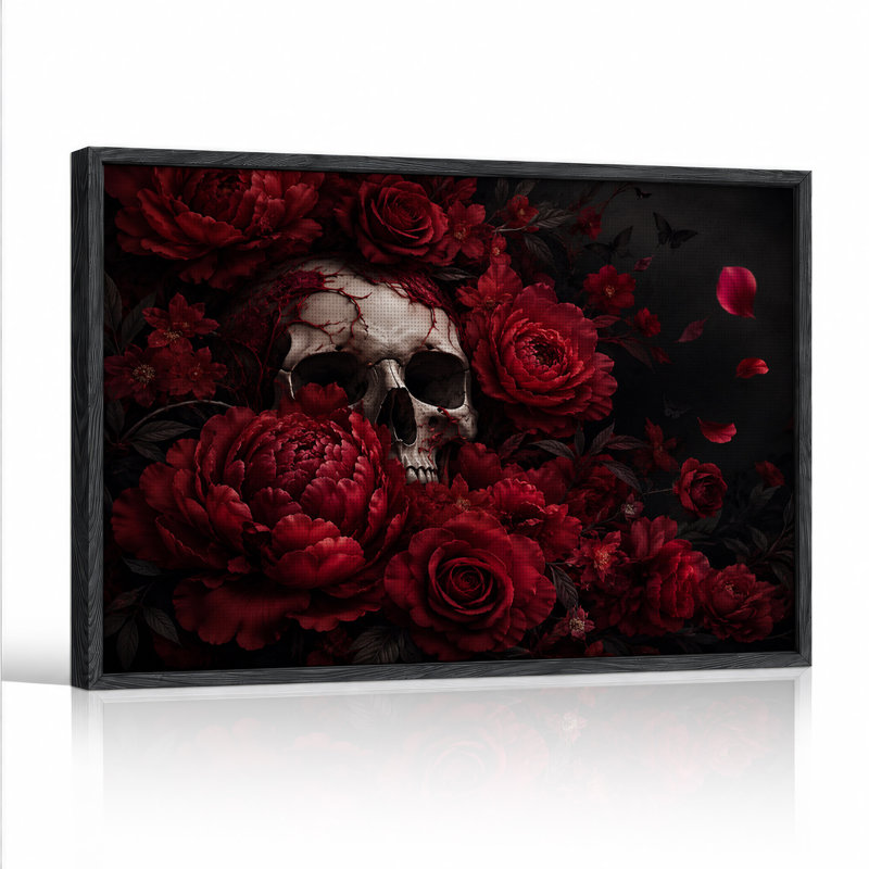 Impression sur toile, crâne humain foncé gothique entouré de roses rouges, 18"H x 24"W
