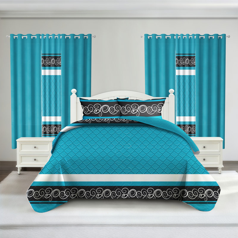 Queen Size 9-Piece Teal & Black Swirl Pattern Bedding & Curtain Set (Queen) - Quilted Microfiber Bedspread + Sheer Drapes